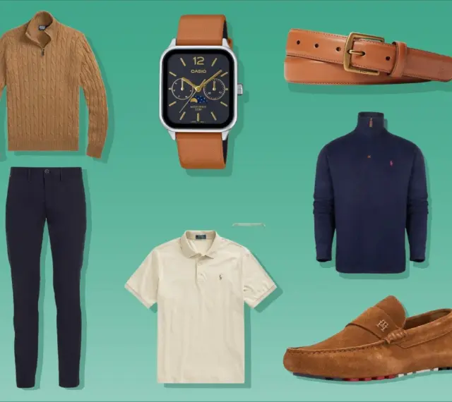 Hochwertige Kleidung im "old money style": Strickpullover, Chino-Hose, Polo-Shirt, Sakko, Ledergürtel, Uhr und Mokassins.