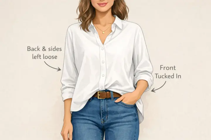 Frau mit weißer Bluse und Jeans, die vorne einen "french tuck" trägt. Hinten und an den Seiten bleibt die Bluse locker.