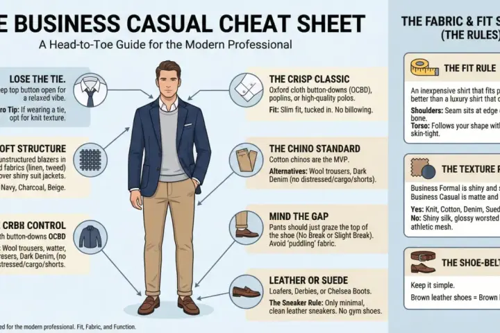 Mann im **business casual** Outfit: dunkelblaues Sakko, grauer Pullover, Khaki-Chinos, braune Loafer. Tipps für den perfekten Look.
