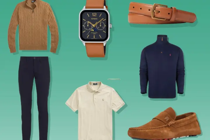 Hochwertige Kleidung im "old money style": Strickpullover, Chino-Hose, Polo-Shirt, Sakko, Ledergürtel, Uhr und Mokassins.