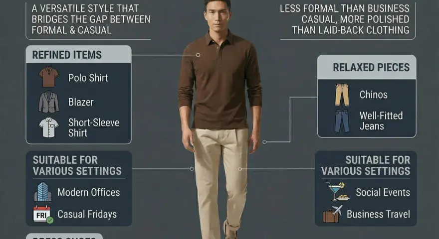 Mann im braunen Polohemd und beigen Chinos, perfekt für den dresscode casual. Zeigt eine Mischung aus raffinierten und entspannten Kleidungsstücken.