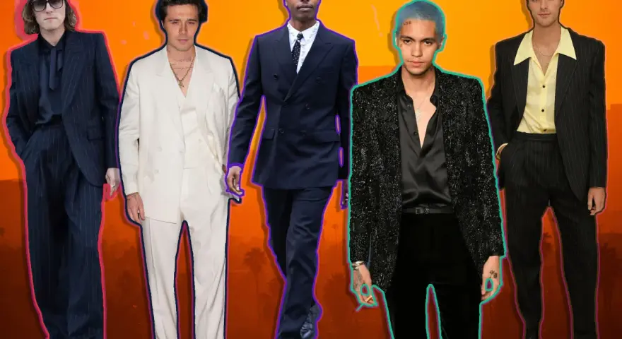 Fünf Männer in schicken Anzügen, die den dresscode cocktail perfekt umsetzen. Von klassisch bis extravagant ist alles dabei.