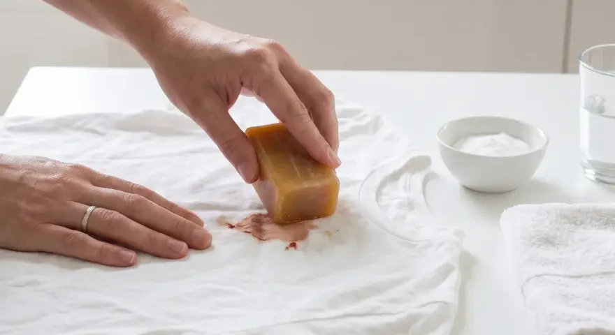 Hand reibt mit Gallseife über einen braunen Fleck auf weißem T-Shirt, um gewaschene Blutflecken entfernen zu können.