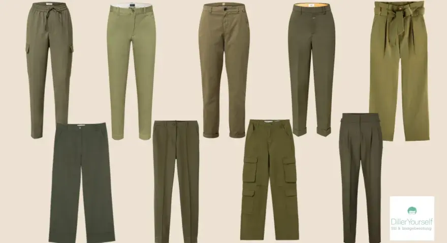 Verschiedene Hosen in Khaki-Tönen. Welche Farbe passt zu Khaki? Hier sehen Sie Beispiele von Hosen in Olivgrün, Hellgrün und Braun.