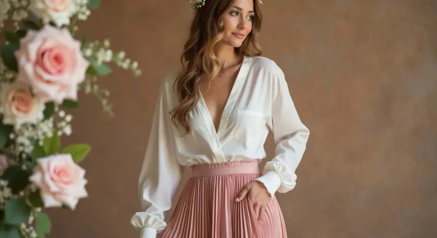 Elegant hochzeitsgast rock mit bluse hochzeit. Eine Frau mit Blumenkranz trägt eine weiße Bluse und einen rosafarbenen Faltenrock.