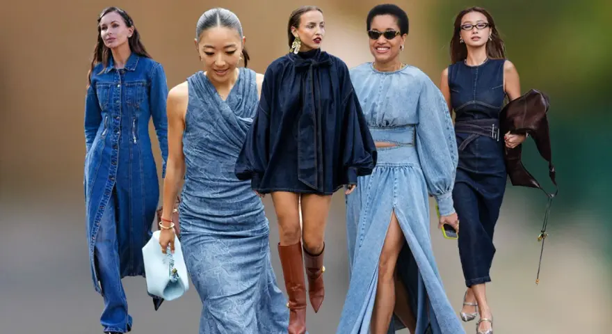 Fünf Frauen präsentieren verschiedene Wege, ein Jeanskleid zu kombinieren: von lässig bis elegant.