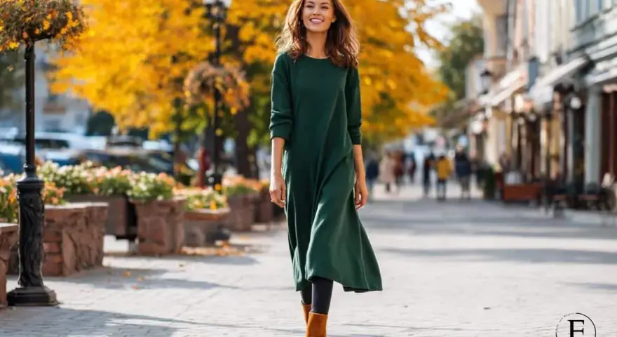 Frau spaziert lächelnd in einer grünen Tunika mit Leggings und braunen Stiefeln durch eine herbstliche Stadt.