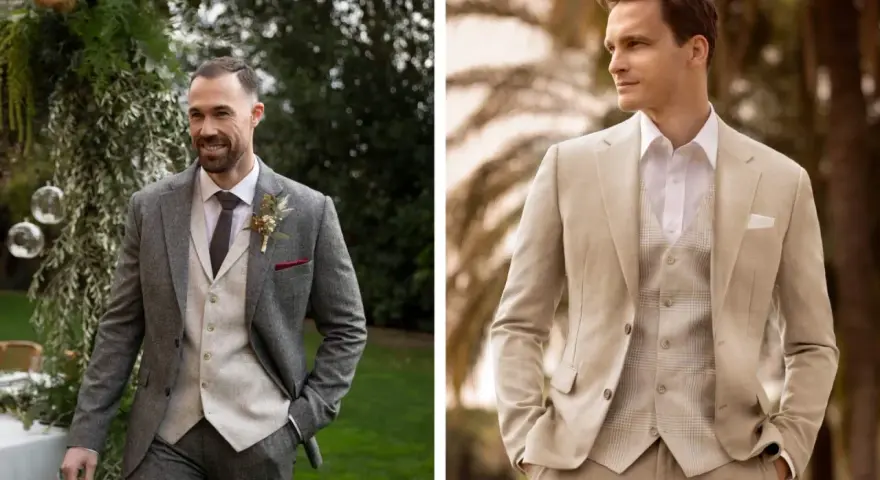 Zwei Männer in eleganten Anzügen, die den **dresscode gala** verkörpern. Einer trägt einen grauen Tweed-Anzug, der andere einen hellen Leinenanzug.