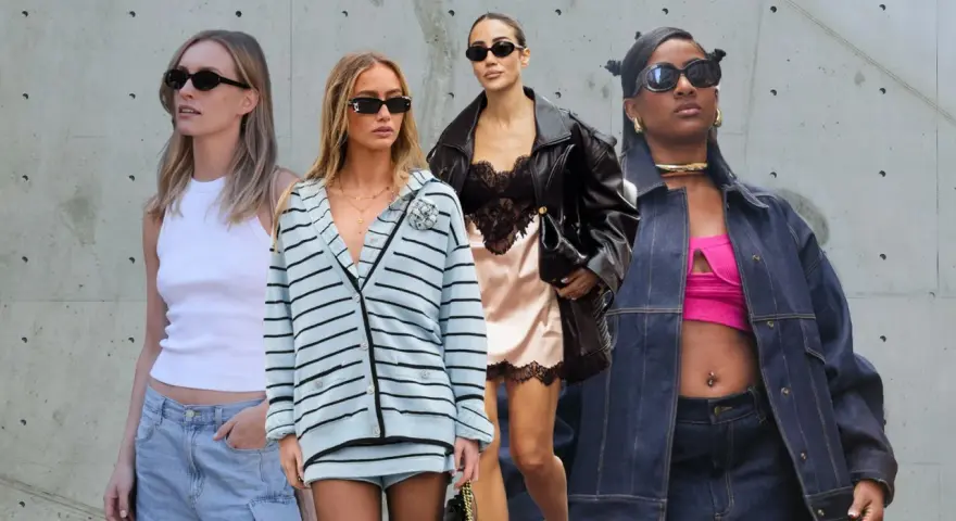 Vier Frauen im Stil der 90er Jahre: Denim-Look, Satin-Kleid mit Lederjacke, gestreifter Cardigan und Cargo-Shorts.