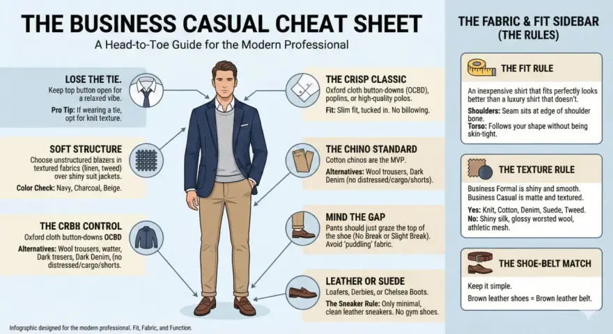 Mann im **business casual** Outfit: dunkelblaues Sakko, grauer Pullover, Khaki-Chinos, braune Loafer. Tipps für den perfekten Look.