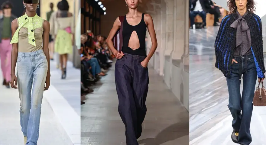 Drei Models präsentieren lässige Jeans-Looks. Eine trägt eine hellblaue, locker sitzende Jeans, die nächste eine dunkle, weite Jeans. Die dritte kombiniert eine dunkle Jeans mit einem auffälligen Strickmantel.