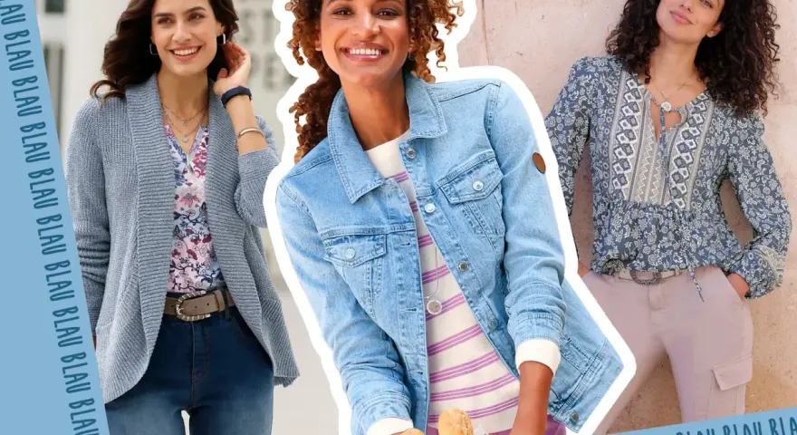 Drei Frauen präsentieren Outfits. Welche Farbe passt zu Blau? Hier sehen wir Jeans, Strickjacke und gemusterte Bluse, die alle mit Blau harmonieren.
