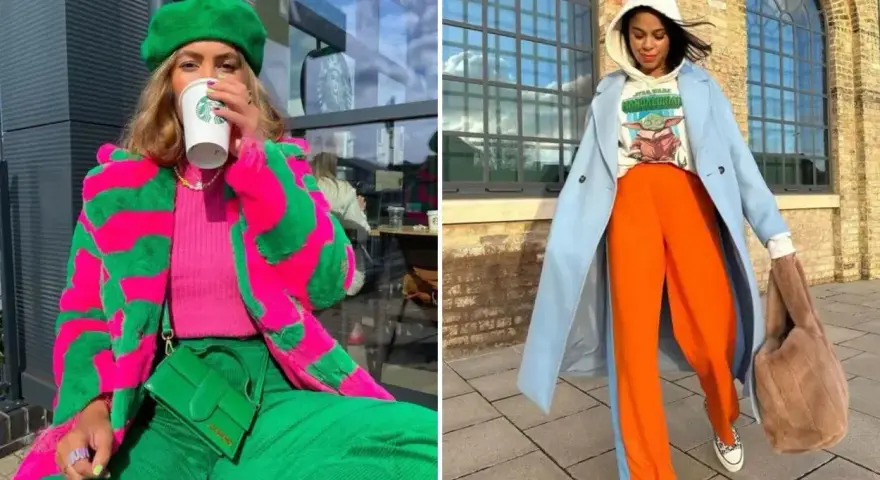 Zwei Frauen präsentieren mutige Outfits mit **color blocking**: eine in Pink und Grün, die andere in Hellblau und Orange.