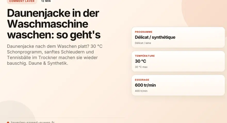Anleitung: Daunenjacke in der Waschmaschine waschen. Schonprogramm, 30°C, sanftes Schleudern. Tennisbälle im Trockner machen sie wieder bauschig.