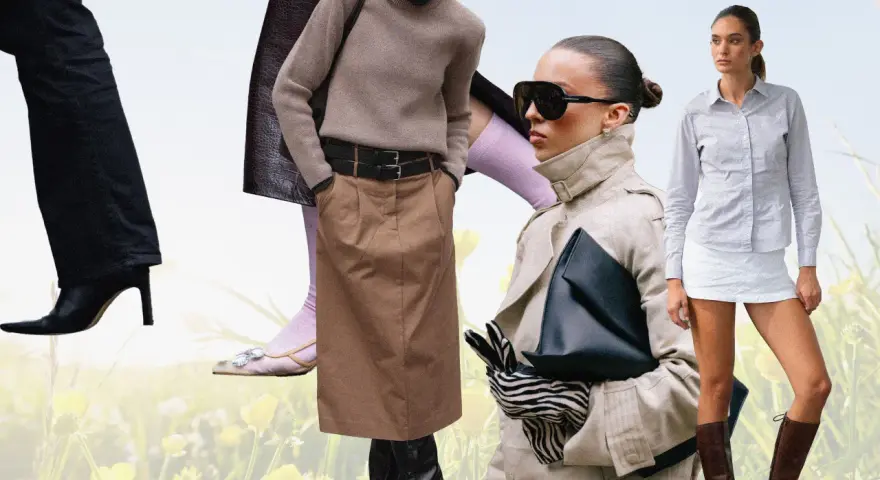 Modische Damen-Outfits für eine Capsule Wardrobe: Trenchcoat, Rock, Hose, Hemd und Accessoires vor blumiger Wiese.