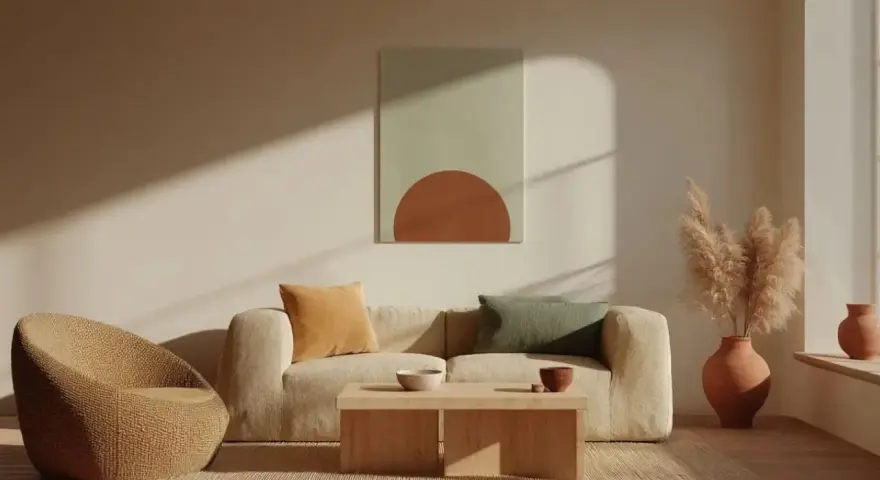 Ein Wohnzimmer, das zeigt, was bedeutet puristisch: Beige Couch, Korbsessel, Holztisch, dezente Deko, viel Licht.