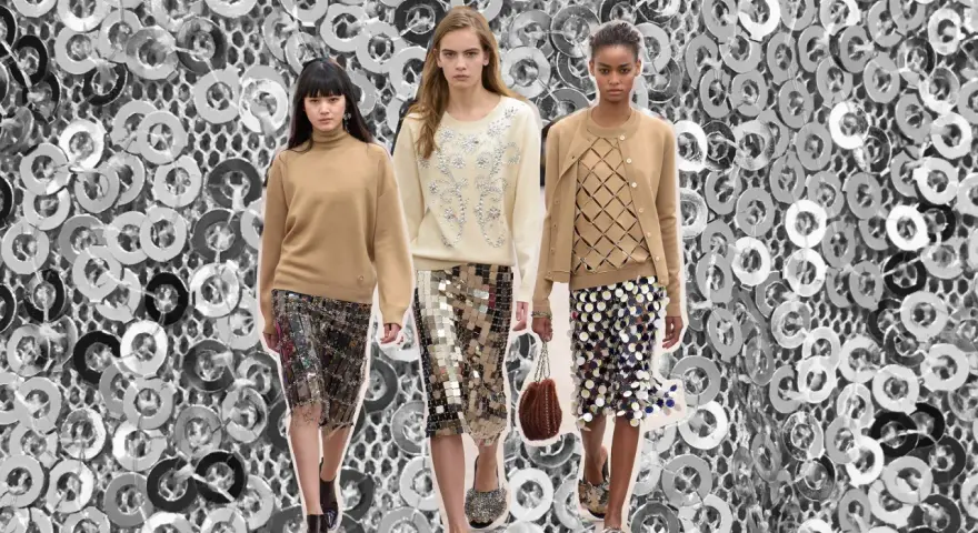 Drei Models zeigen, wie man einen pailletten rock kombiniert: mit Strickpullover, Cardigan oder Rollkragen.