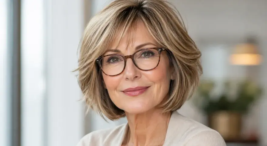 Eine Frau mit einem stufig fransigen Bob, gestuft ab 50, trägt eine Brille und lächelt sanft.