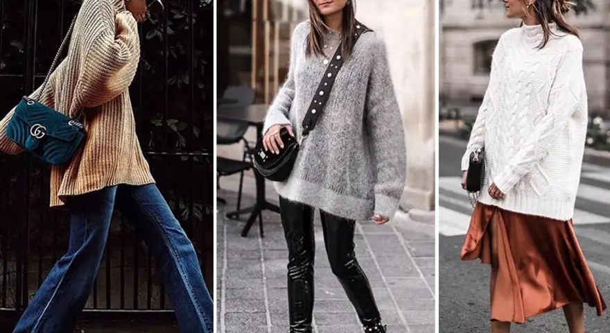 Drei Frauen zeigen, wie man einen **oversize pullover stylen** kann: mit Schlagjeans, Lederhose oder Satinrock.