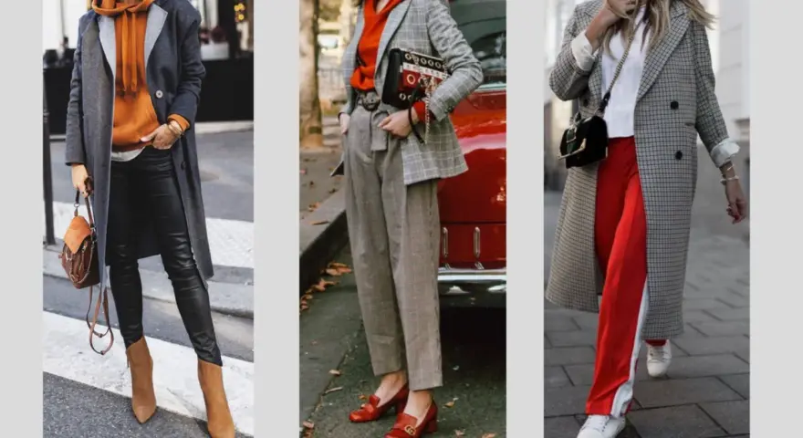 Drei Outfits im Athleisure Style: Mantel über Hoodie, karierter Blazer mit Hose und karierter Mantel mit roten Hosen.