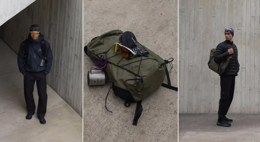Gorpcore-Style: Männer in funktionaler Outdoor-Kleidung, Rucksack mit Ausrüstung, bereit für jedes Abenteuer.