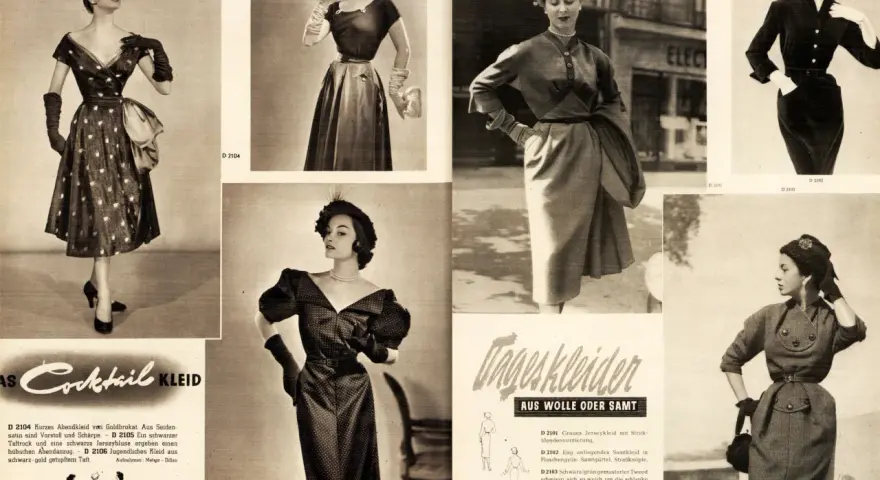 Mode in den 50er Jahren: elegante Kleider, von Abendmode bis Tageskleidern, mit Hüten und Handschuhen.