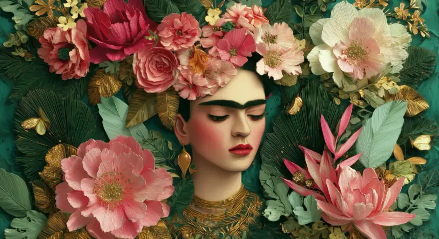 Frida Kahlo, umgeben von üppigen Blumen und Blättern, verkörpert ihren ikonischen, farbenfrohen Kleidungsstil.