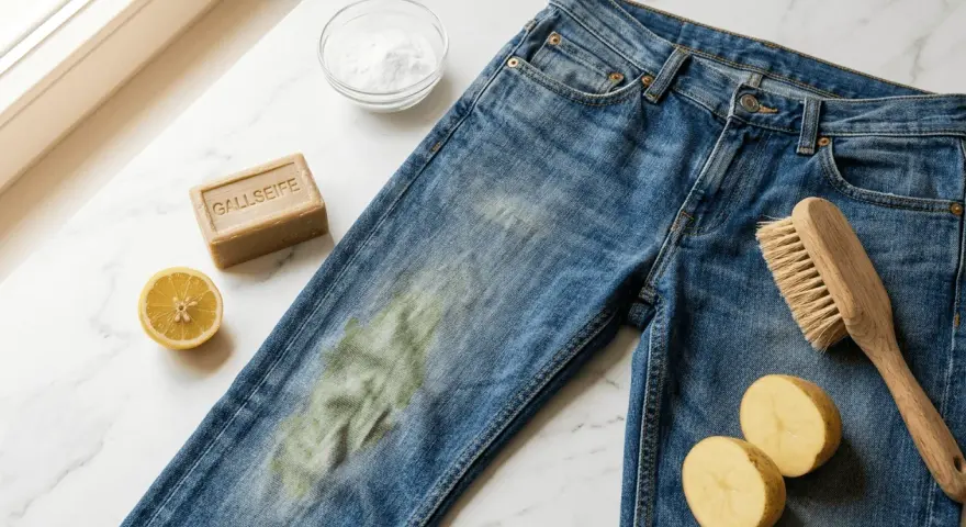 Blaue Jeans mit Grasflecken, Gallseife, Zitrone, Natron und Bürste zum Grasflecken entfernen.