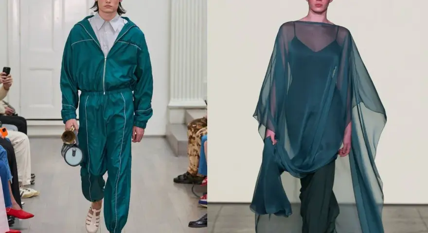 Ein Mann in einem petrolfarbenen Trainingsanzug und eine Frau in einem fließenden petrolfarbenen Kleid. Diese Farbe ist die Farbe des Jahres.