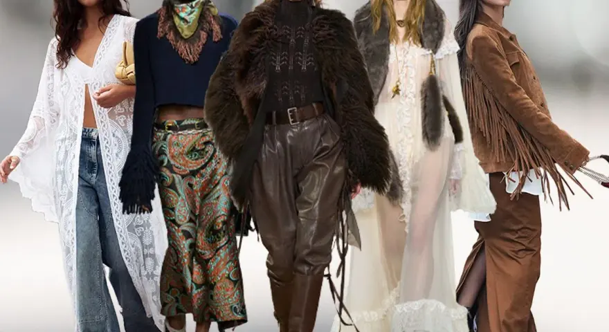 Fünf Models präsentieren Looks im typisch 70er Jahre Stil: Spitzenkimono, Schlaghosen, Ethno-Muster, Leder und Fransenjacken.