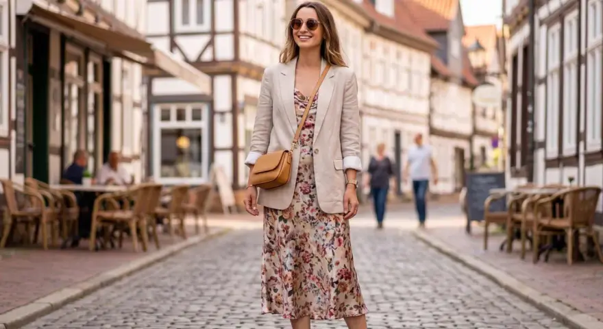 Eine Frau trägt eine leichte Jacke zum geblümten Kleid und weiße Sneaker. Sie steht auf einer Kopfsteinpflasterstraße vor Fachwerkhäusern.