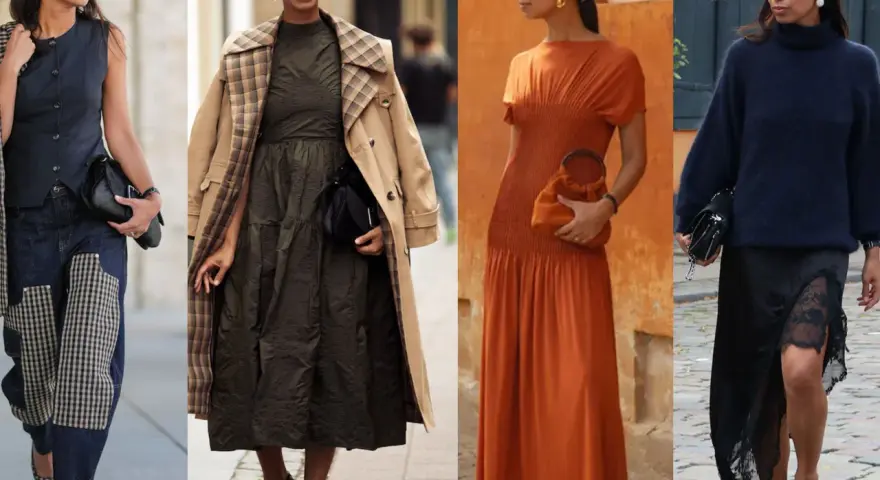 Vier Outfits im copenhagen style: Jeans mit Karomuster, olivgrünes Kleid mit Trenchcoat, orangefarbenes Maxikleid und schwarzer Rollkragenpullover mit Spitzenrock.