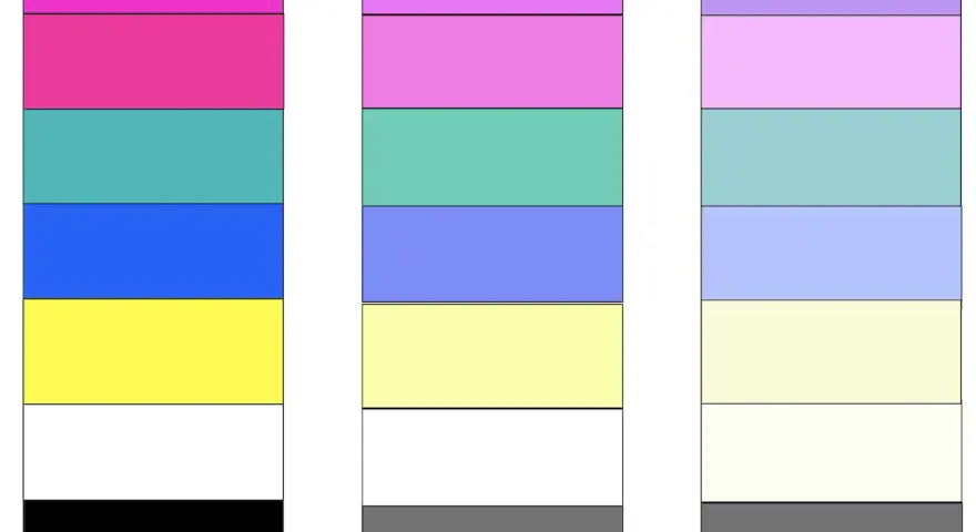 Drei Farbpaletten: Pink, Türkis, Blau, Gelb, Weiß, Schwarz; Pink, Mint, Lavendel, Hellgelb, Weiß, Grau; Hellviolett, Rosa, Hellblau, Lavendel, Cremeweiß, Grau. Wem steht grau?