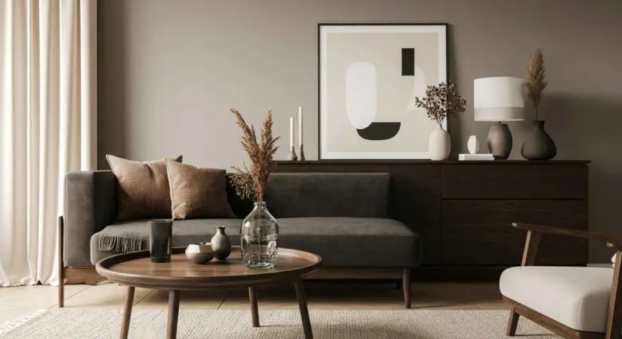 Gemütliches Wohnzimmer: Anthrazit und beige kombinieren. Dunkelgraues Sofa, beiger Teppich, Holzmöbel und dezente Deko.