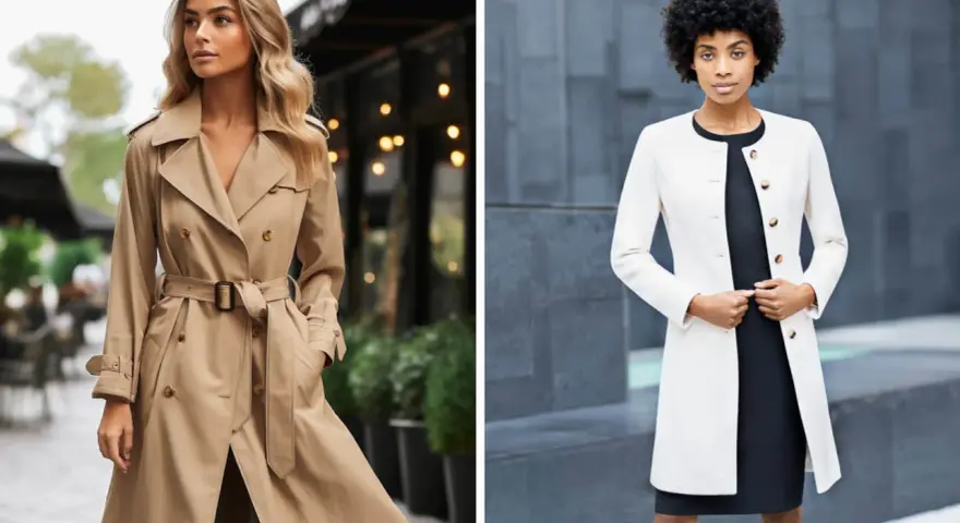 Zwei Frauen zeigen, wie man einen Trenchcoat kombiniert: eine in Beige mit Gürtel, die andere in Weiß über einem schwarzen Kleid.