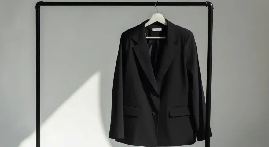 Schwarzer Blazer hängt auf einem Kleiderbügel. Zeit, den Blazer zu waschen und frisch zu machen.