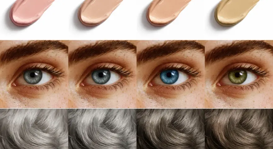 Vier Swatches von Make-up, vier Augen in verschiedenen Farben und vier Haartexturen, die die Vielfalt der sommertyp farben zeigen.
