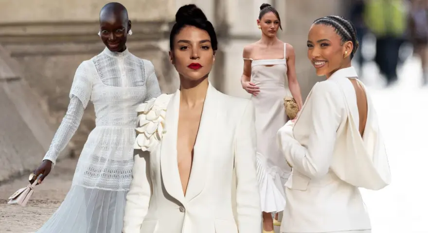 Vier Frauen in eleganten weißen Outfits, inspiriert für den Standesamt-Look. Spitze, Blazer und Kleider in Creme-Tönen.