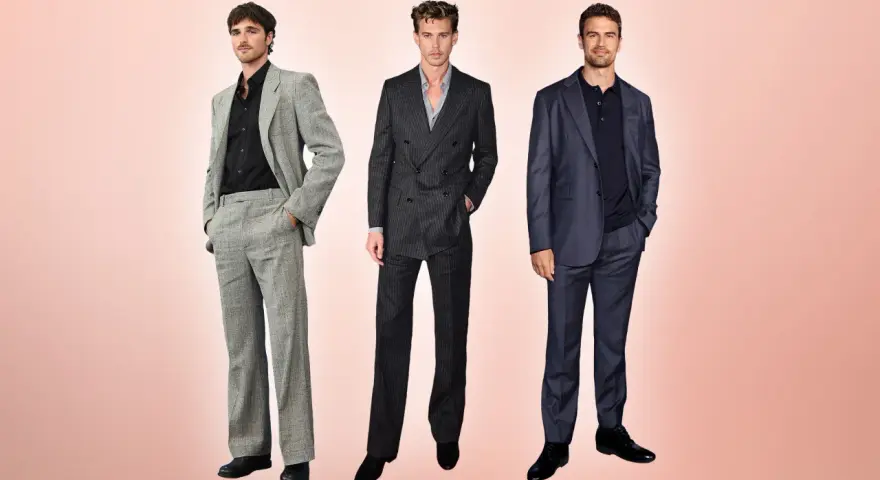 Drei Männer in eleganten Anzügen, die verschiedene Interpretationen des dresscode herren zeigen.