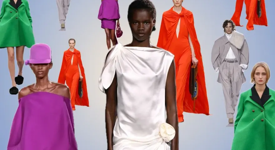 Inspiration für Farb- und Stilberatung: Modelle in leuchtenden Farben wie Grün, Orange und Lila sowie in eleganten Grautönen.