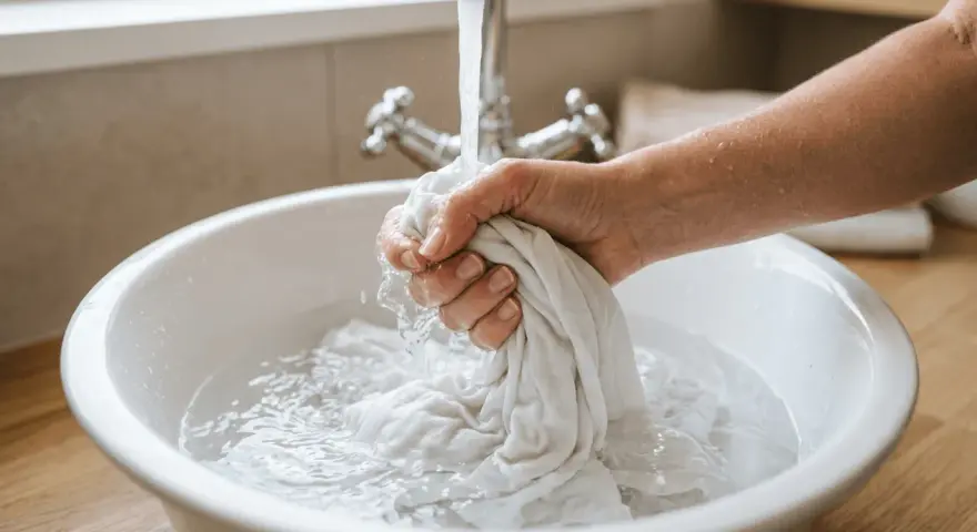Hand wäscht ein weißes Tuch in einer Spüle, um hartnäckige blut flecken entfernen.
