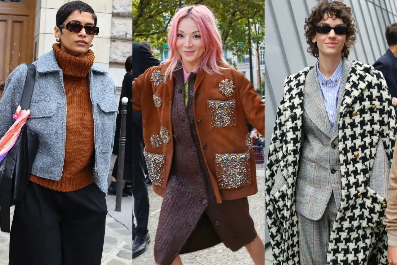 Drei stilvolle Frauen pr&auml;sentieren ihr outfit f&uuml;r kalte tage: Grau-braune Strick-Kombination, braune Wildlederjacke mit Schmucksteinen und ein Hahnentritt-Muster-Outfit.