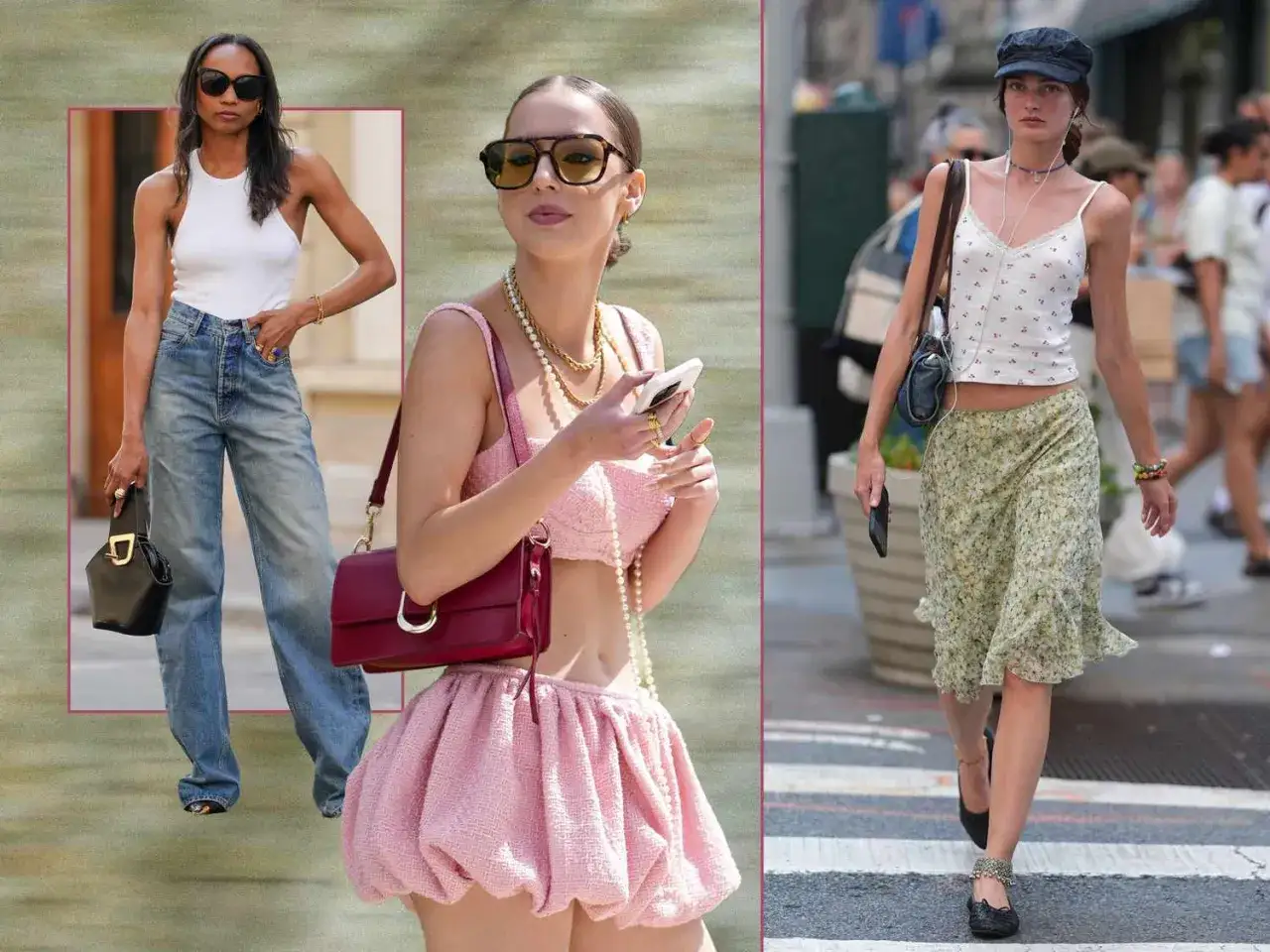 Drei Frauen in modischen Outfits. Eine tr&auml;gt Jeans und ein wei&szlig;es Top, eine andere ein pinkes Set, die dritte ein gebl&uuml;mtes Kleid. Sie zeigen, was bedeutet feminin.
