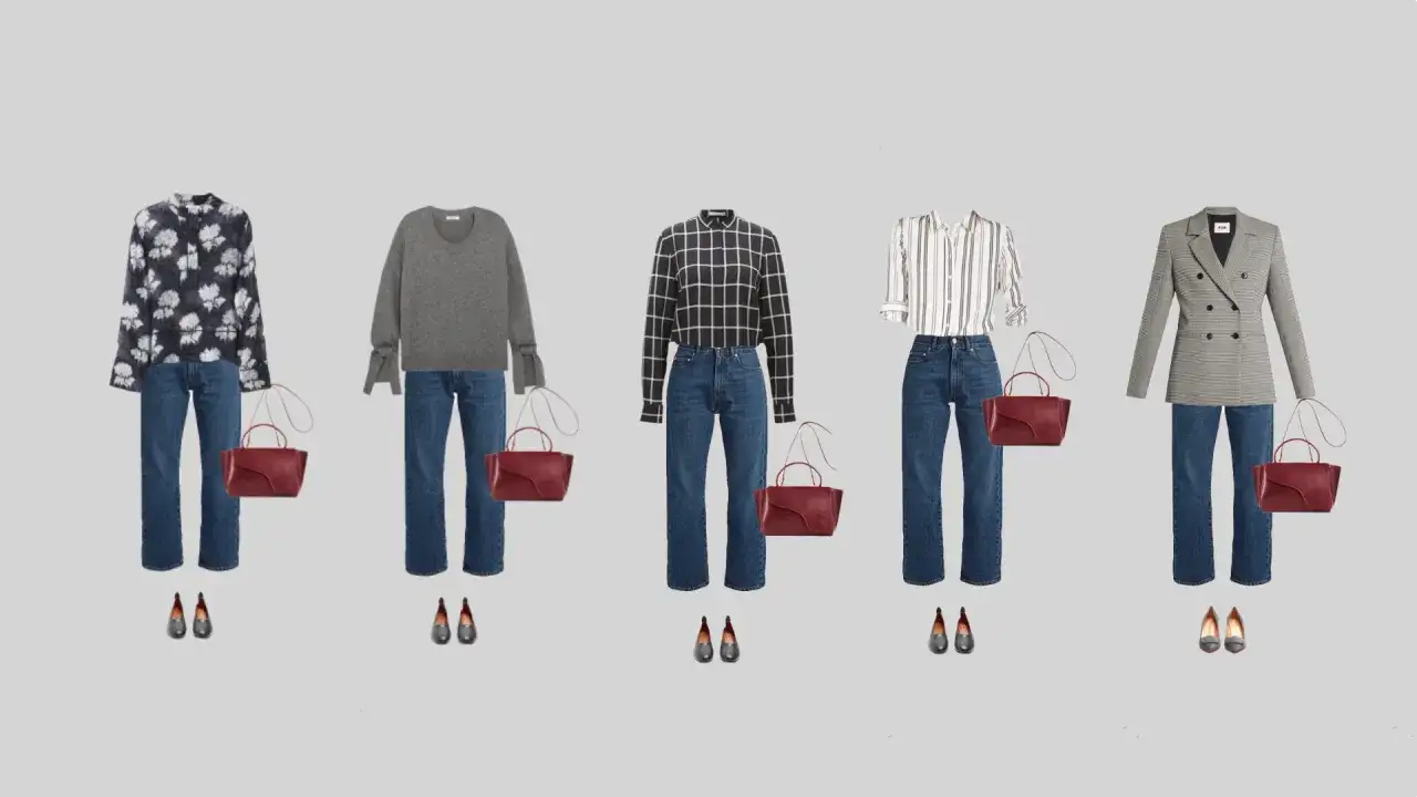 Fünf Outfits für einen lässigen Business-Look für Damen: Jeans mit Bluse, Pullover, kariertem Hemd, gestreiftem Hemd oder Blazer. Dazu passende Handtaschen und Schuhe.