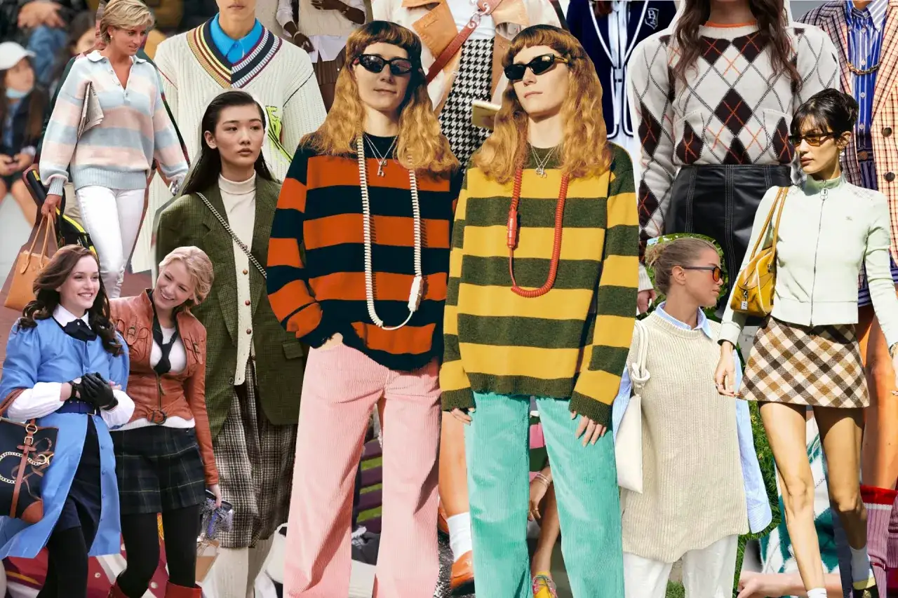 Collage mit Models in verschiedenen Outfits, die einen preppy look verkörpern: gestreifte Pullover, Karomuster und Strickwesten.