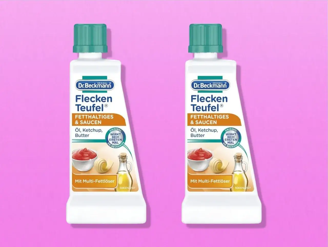 Dr. Beckmann Flecken Teufel: zwei Flaschen des Fleckenentferners f&uuml;r fettige Verschmutzungen wie &Ouml;l, Ketchup und Butter. Ideal, um fettflecken aus kleidung entfernen ohne waschen.