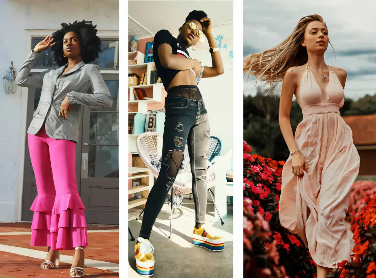 Drei Frauen pr&auml;sentieren unterschiedliche, modische clothing styles: Blazer mit auff&auml;lligen Hosen, zerrissene Jeans mit Crop-Top und ein flie&szlig;endes Kleid im Freien.