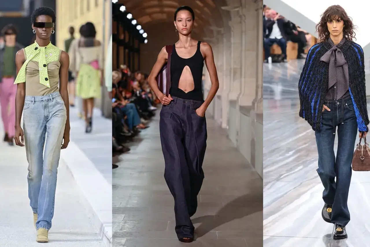 Drei Models pr&auml;sentieren l&auml;ssige Jeans-Looks. Eine tr&auml;gt eine hellblaue, locker sitzende Jeans, die n&auml;chste eine dunkle, weite Jeans, und die dritte eine dunkelblaue, ausgestellte Jeans.