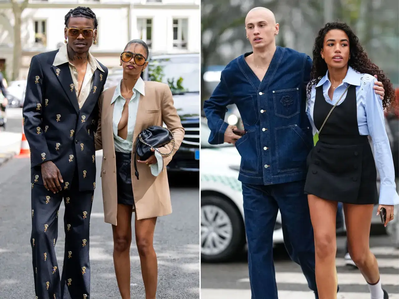 Ein stylisches Outfit f&uuml;r ein erstes Date: Er tr&auml;gt einen Anzug mit Rosenmuster, sie einen beigen Blazer &uuml;ber einem mintgr&uuml;nen Top und Lederrock.