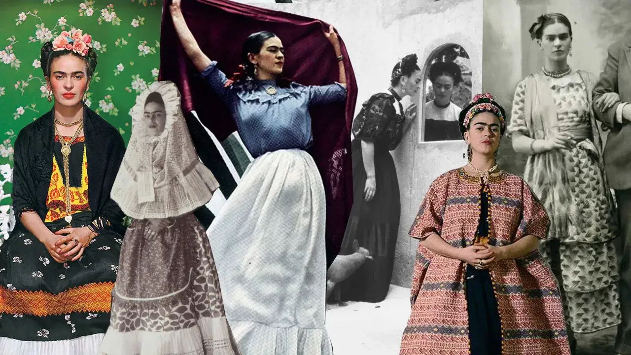 Frida Kahlo zeigt ihren ikonischen Kleidungsstil: bunte Röcke, traditionelle Blusen und Blumen im Haar.